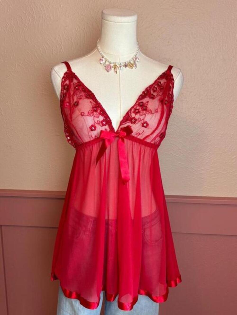 red babydoll bow mesh top sheer sequins fairy